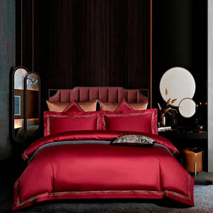 Leila Red Embroidered Edge Egyptian Cotton Duvet Cover Set