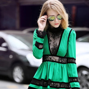 Lace & Velvet Pleated Crêpe Mini Dress in Green - Abundance Boutique