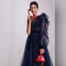 Charger l&#39;image dans la galerie, One-Shoulder Tulle Navy Gown with Ruffled Skirt - Abundance Boutique
