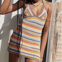 Load image into Gallery viewer, Bohemian Stripe Knit Crochet Halter Dress - Abundance Boutique
