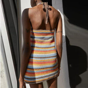 Bohemian Stripe Knit Crochet Halter Dress - Abundance Boutique