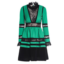 Load image into Gallery viewer, Lace &amp; Velvet Pleated Crêpe Mini Dress in Green - Abundance Boutique
